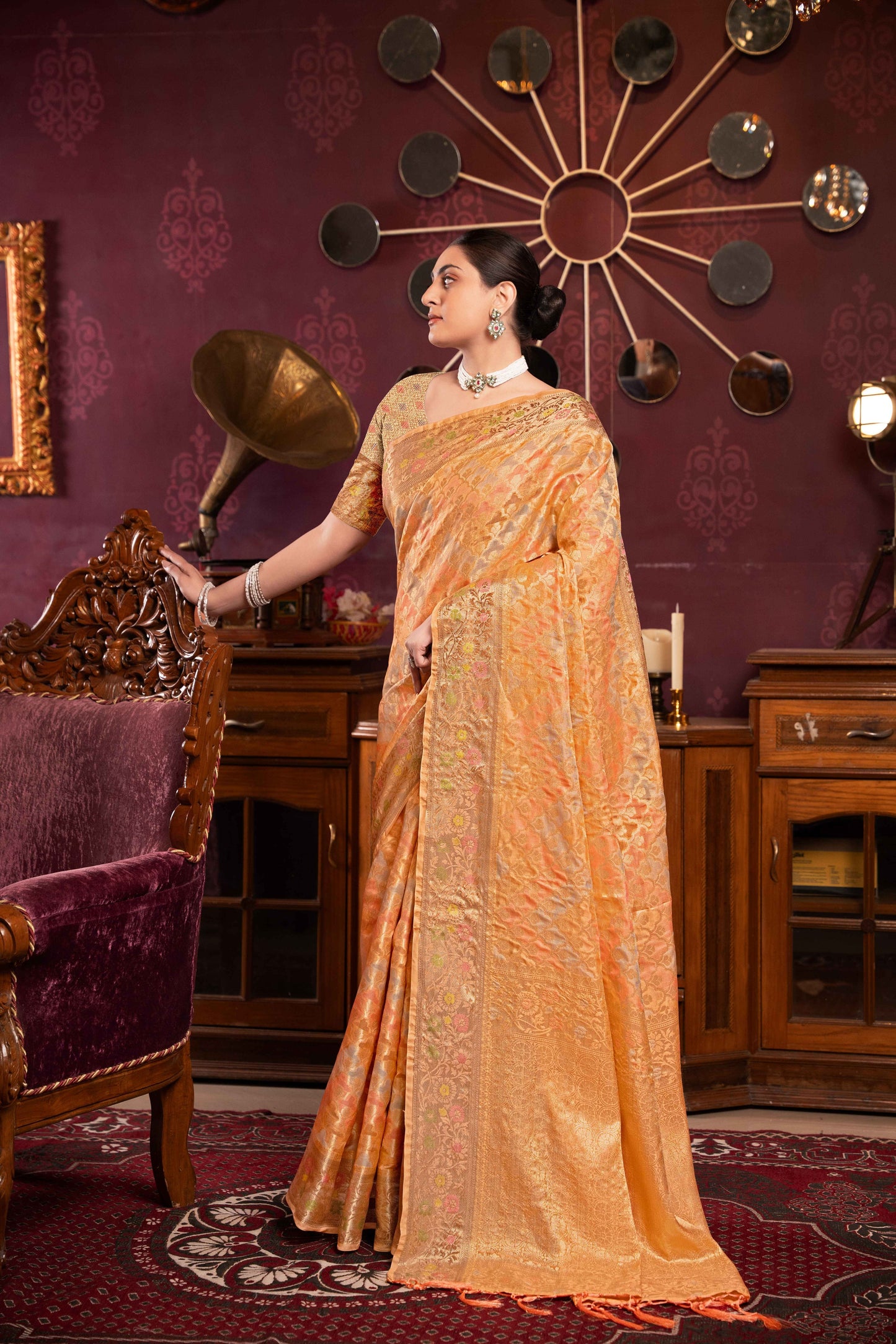Orange Color Organza Silk Saree With Beautiful Zari Woven Work