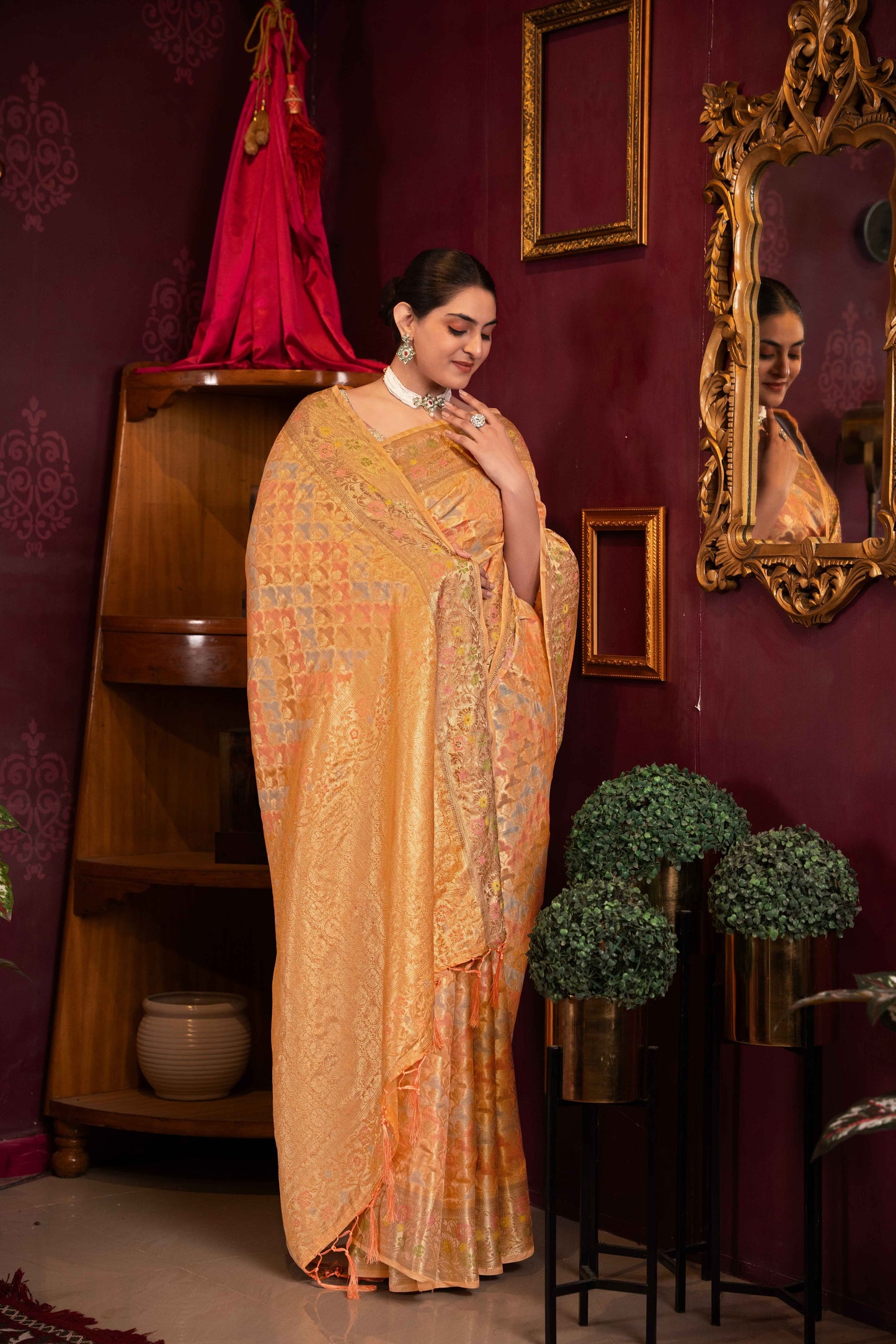 Orange Color Organza Silk Saree With Beautiful Zari Woven Work