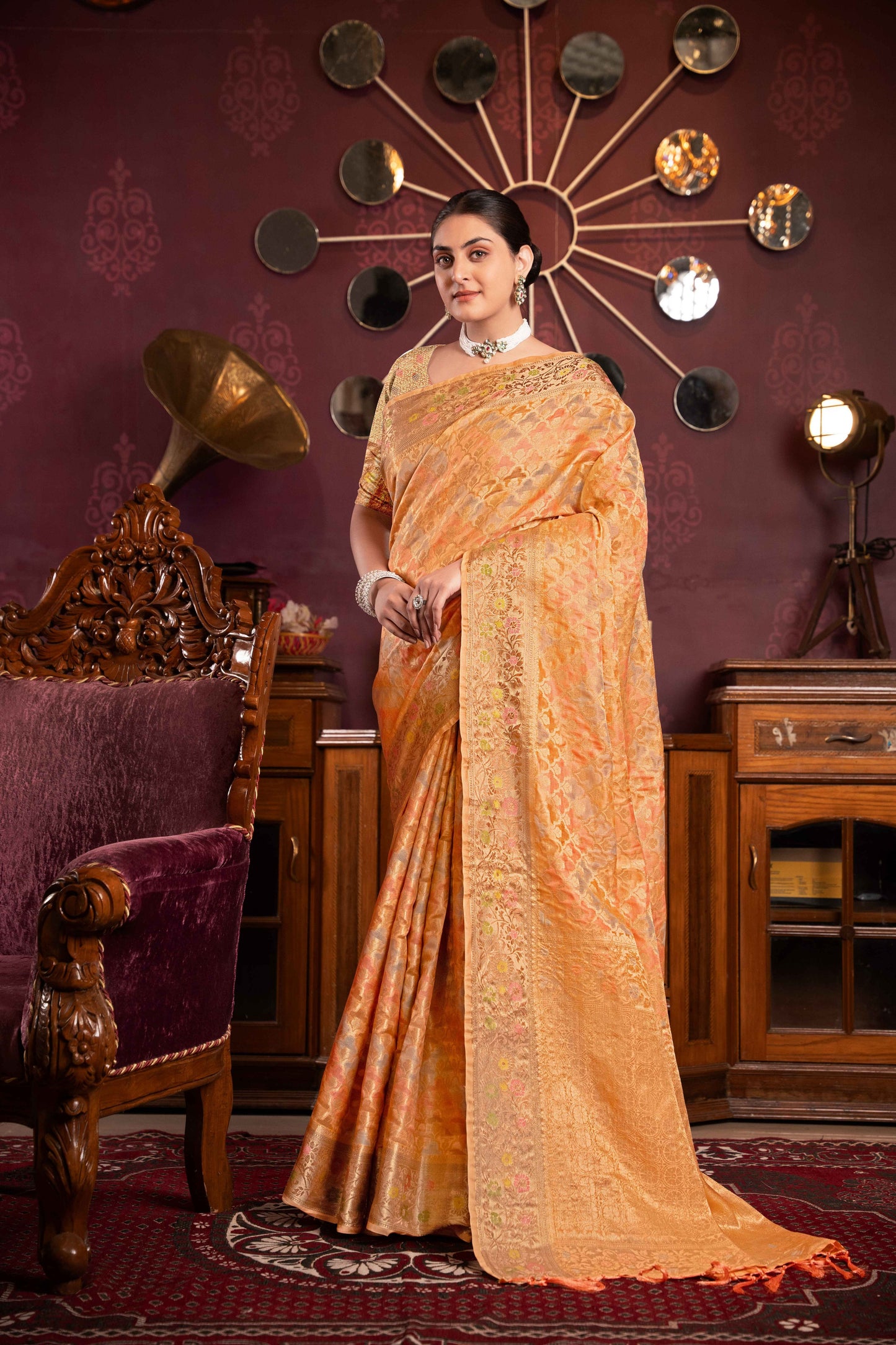Orange Color Organza Silk Saree With Beautiful Zari Woven Work