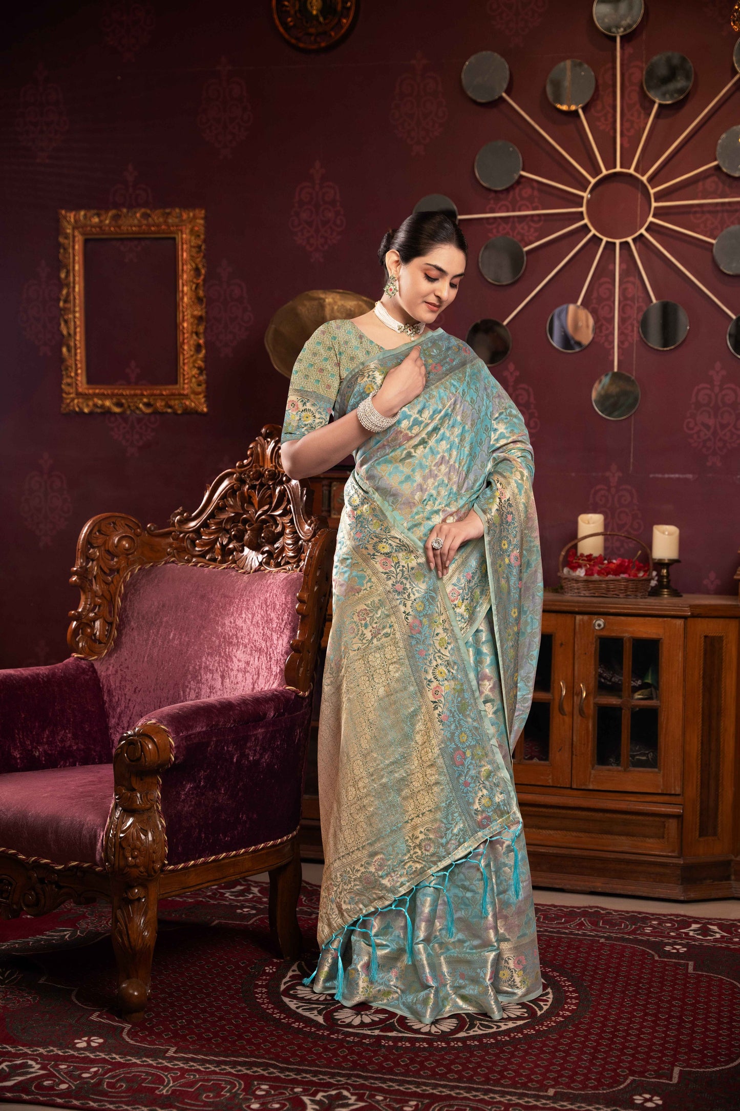 Sky Color Organza Silk Saree With Beautiful Zari Woven Work