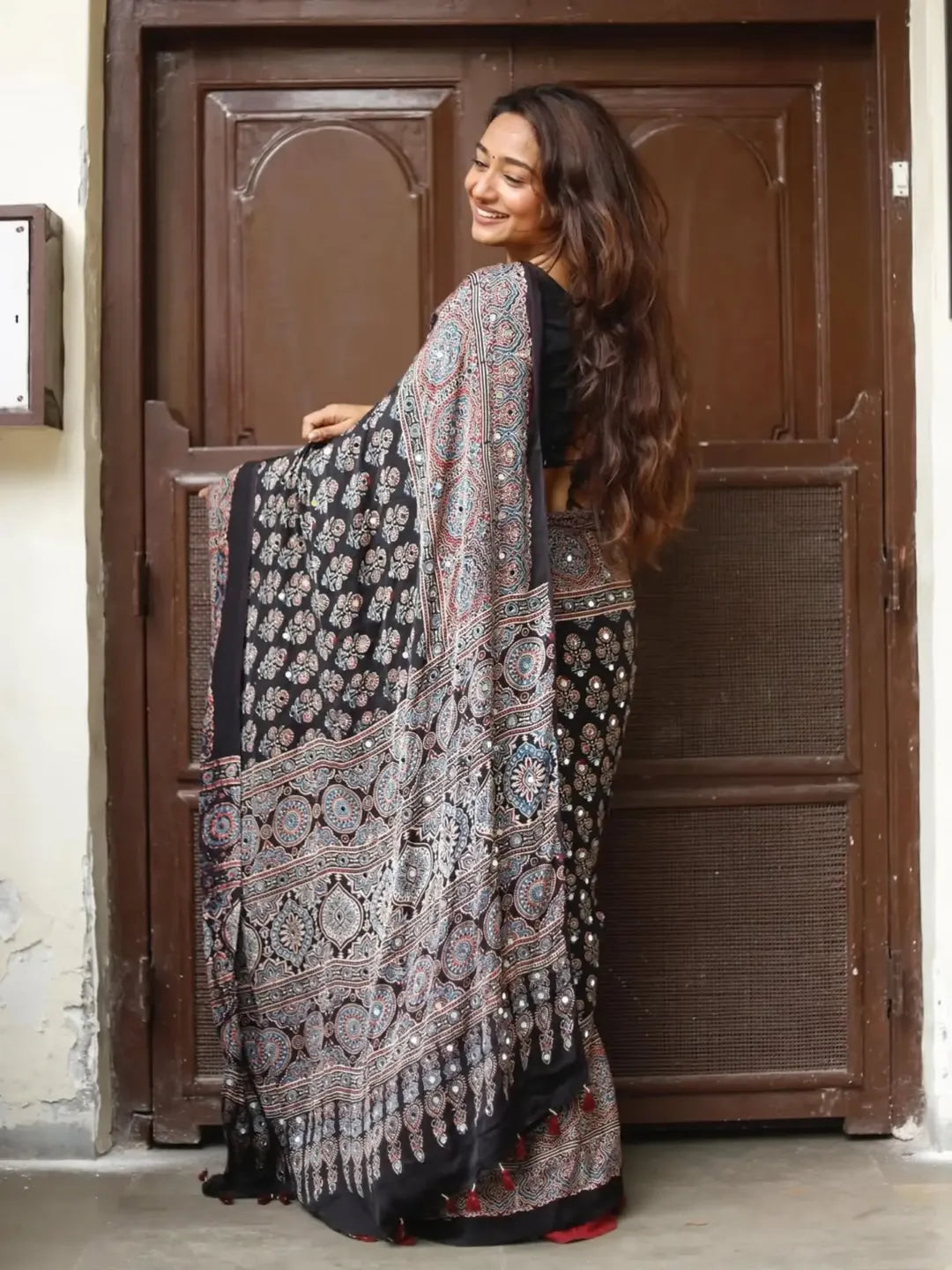 Accessible Cream Semi Silk Saree with Real Mirror and Pompom Pallu Design