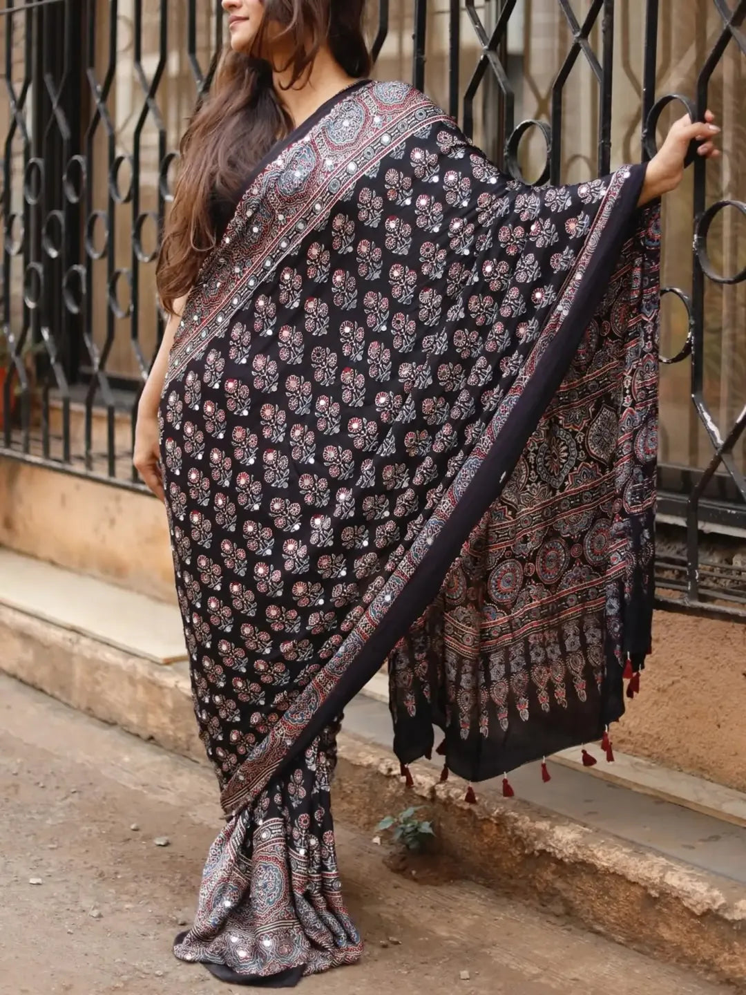 Accessible Cream Semi Silk Saree with Real Mirror and Pompom Pallu Design