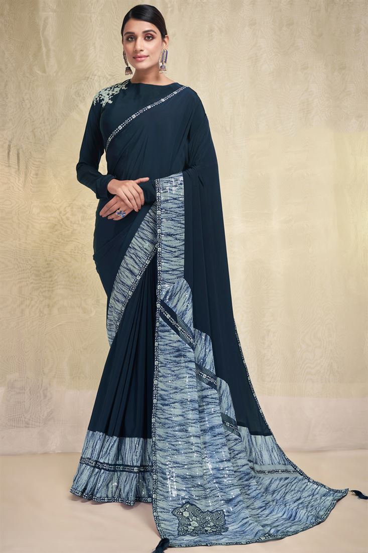 Glorious Sequins Work Teal Color Crepe Fabric Saree