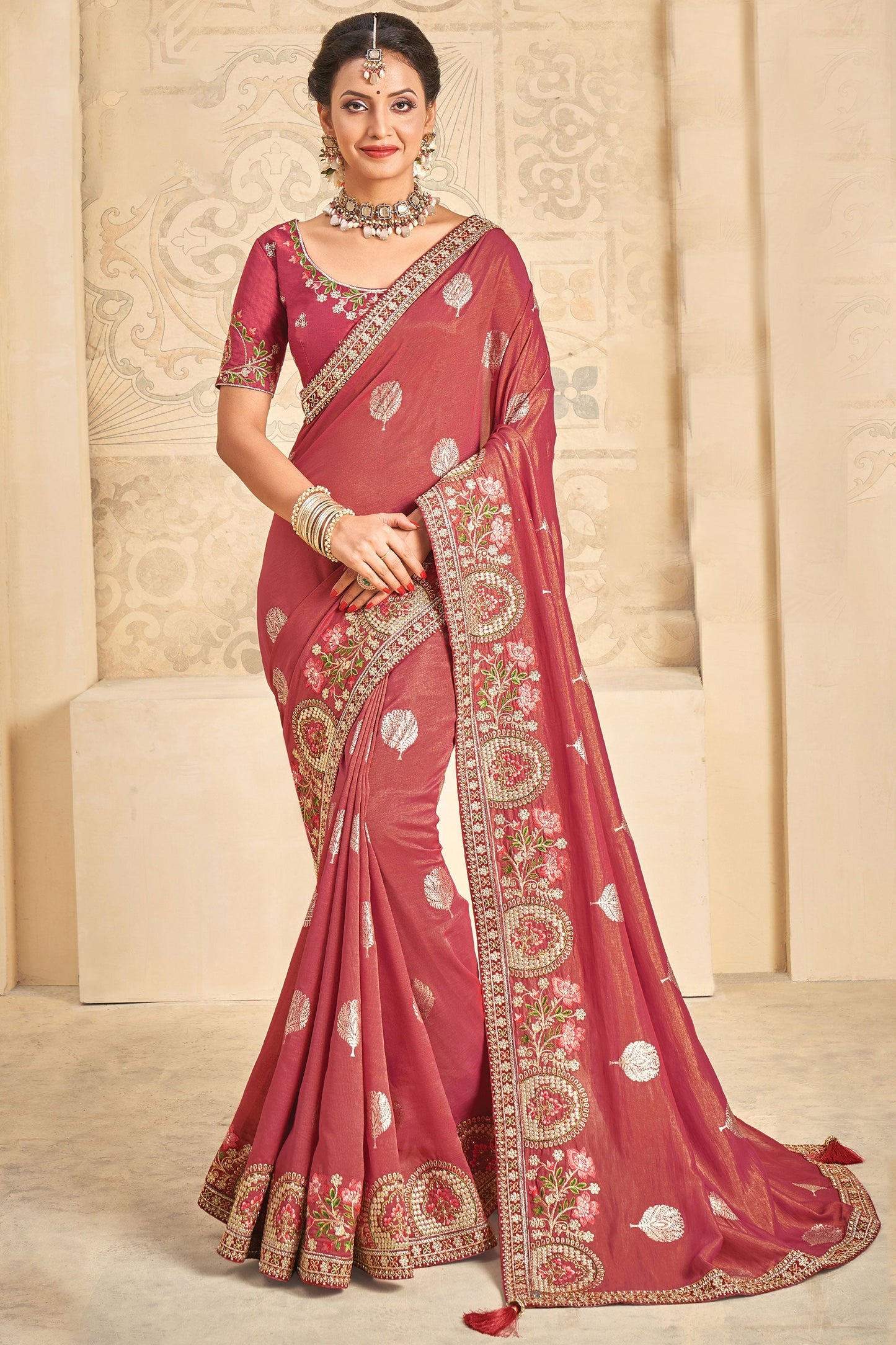Red Color Embroidered Art Silk Fabric Function Wear Saree