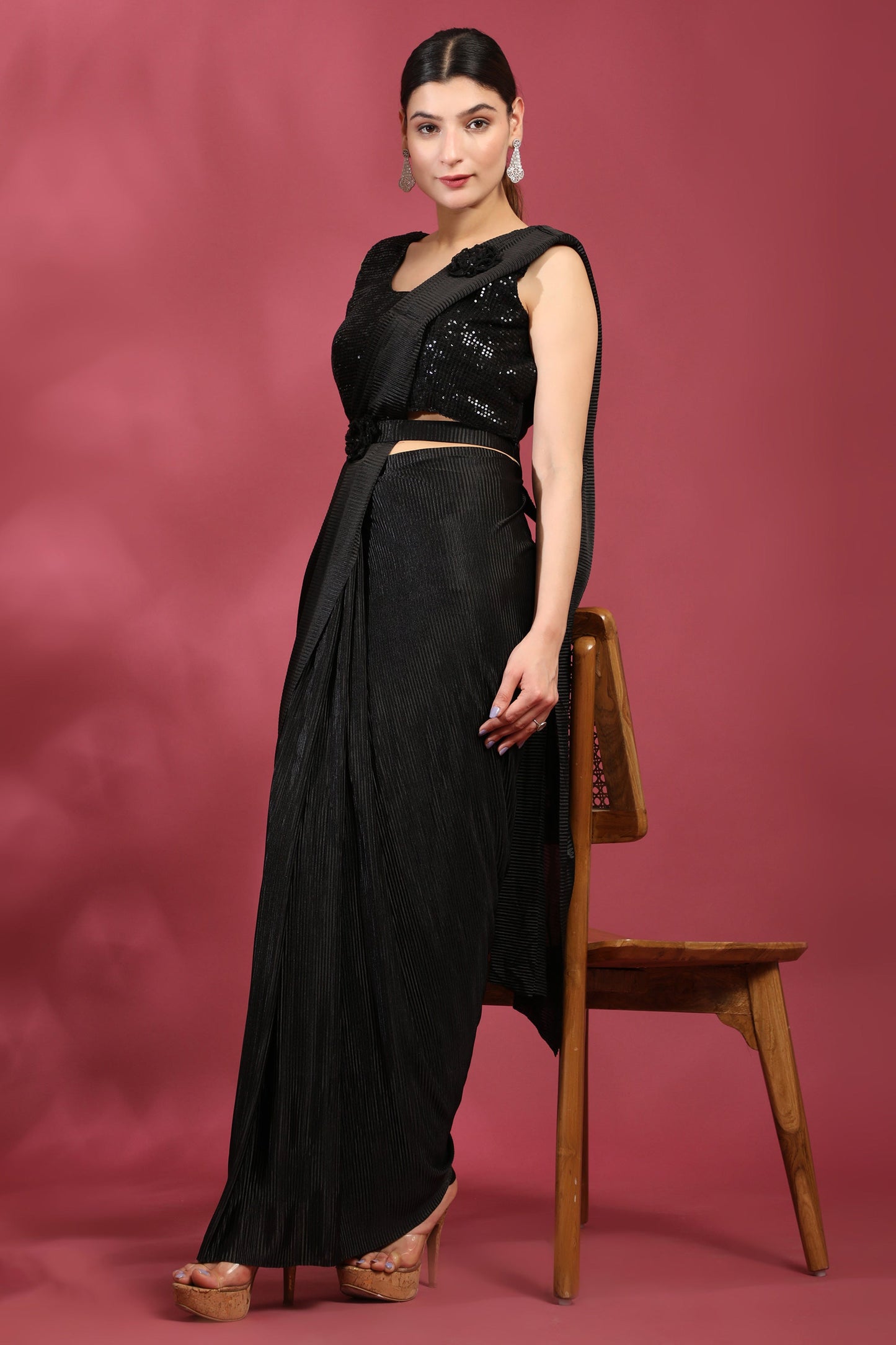 Black Color  Brilliant Crush Lycra Ready To Wear Saree