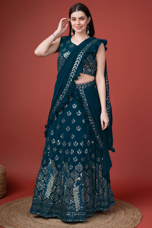 समारोह के लिए टील कलर जॉर्जेट फैब्रिक सेक्विन वर्क लहंगा