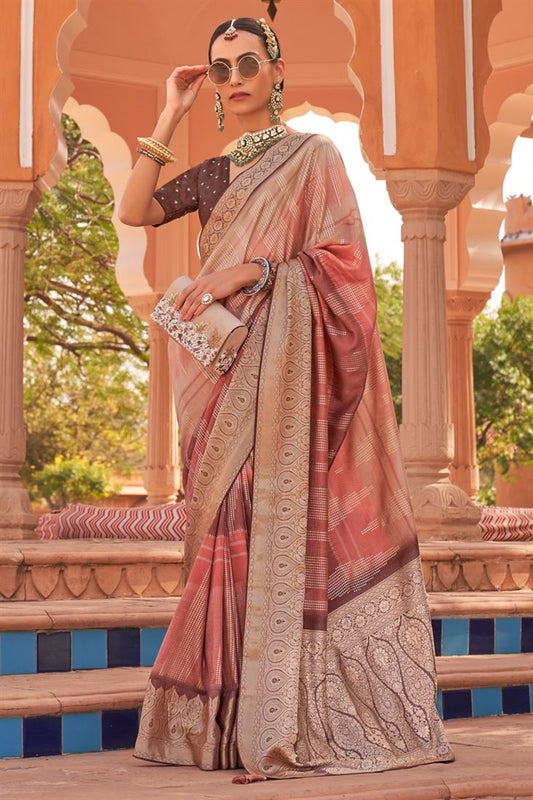 Charming Peach Color Weaving Work Kachhi Silk Saree