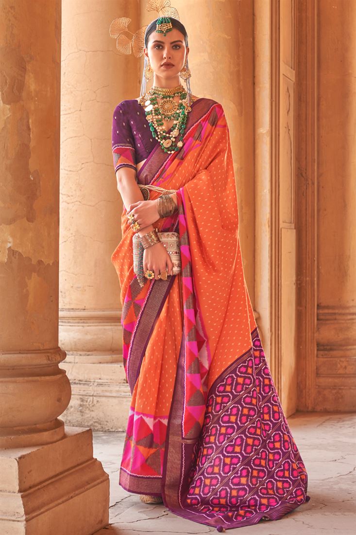 Art Silk Fabric Orange Color Casual Wear Stylish Saree