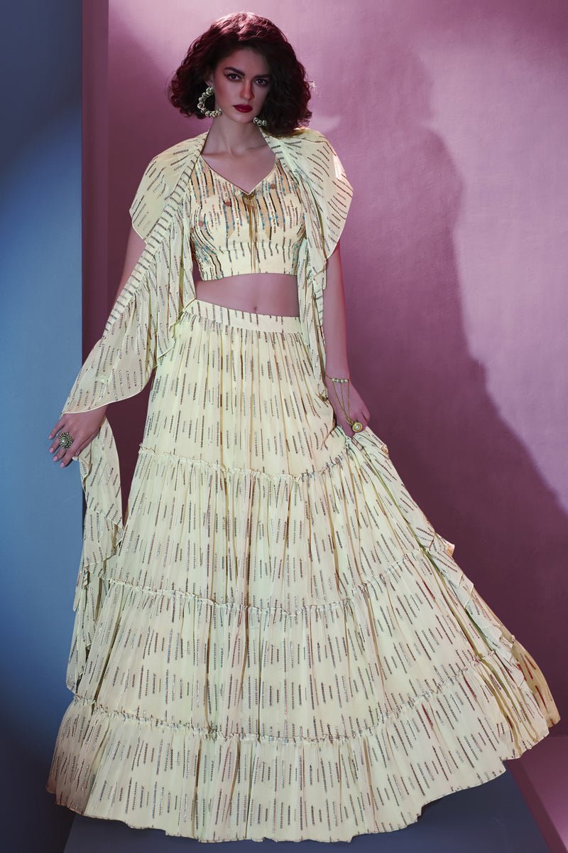 बेज ऑन आर्ट सिल्क संगीत वियर रेडीमेड लहंगा चोली सुंदर ब्लाउज के साथ