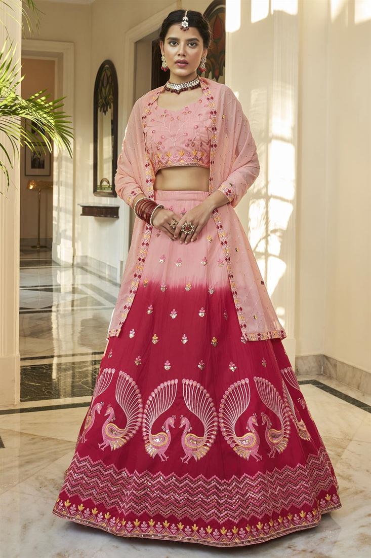 पीच कलर आर्ट सिल्क फैब्रिक संगीत वियर सुंदर लहंगा