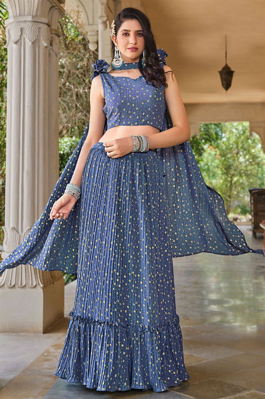 समारोहों के लिए शिमरींग फॉयल प्रिंट के साथ रेडीमेड जॉर्जेट ब्लू कलर का लहंगा