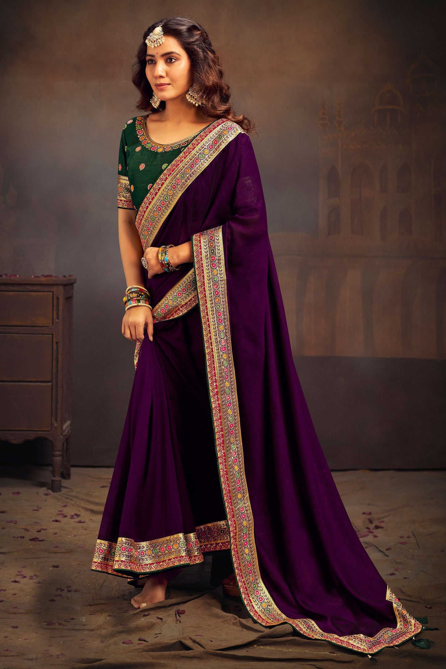 Purple Color Charismatic Border Work Banglori Silk Saree