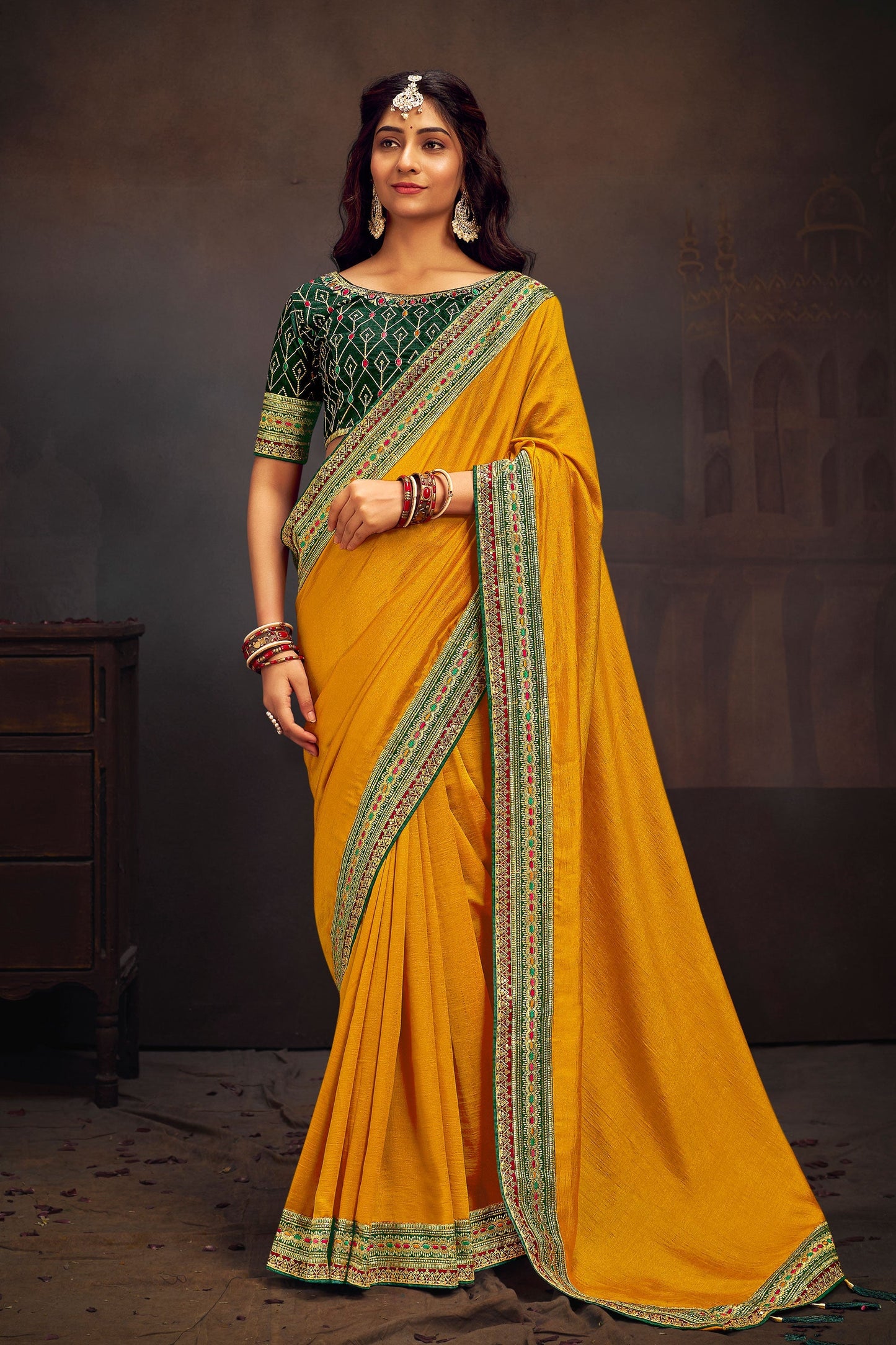 Phenomenal Border Work Yellow Color Banglori Silk Saree