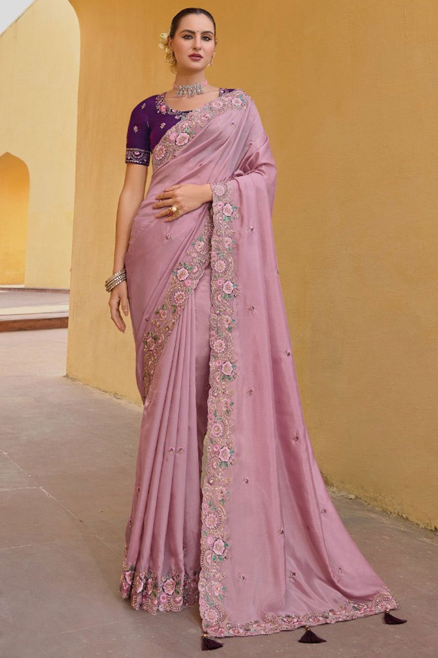 Creative Border Work On Saree In Pink Color Organza Silk Fabric