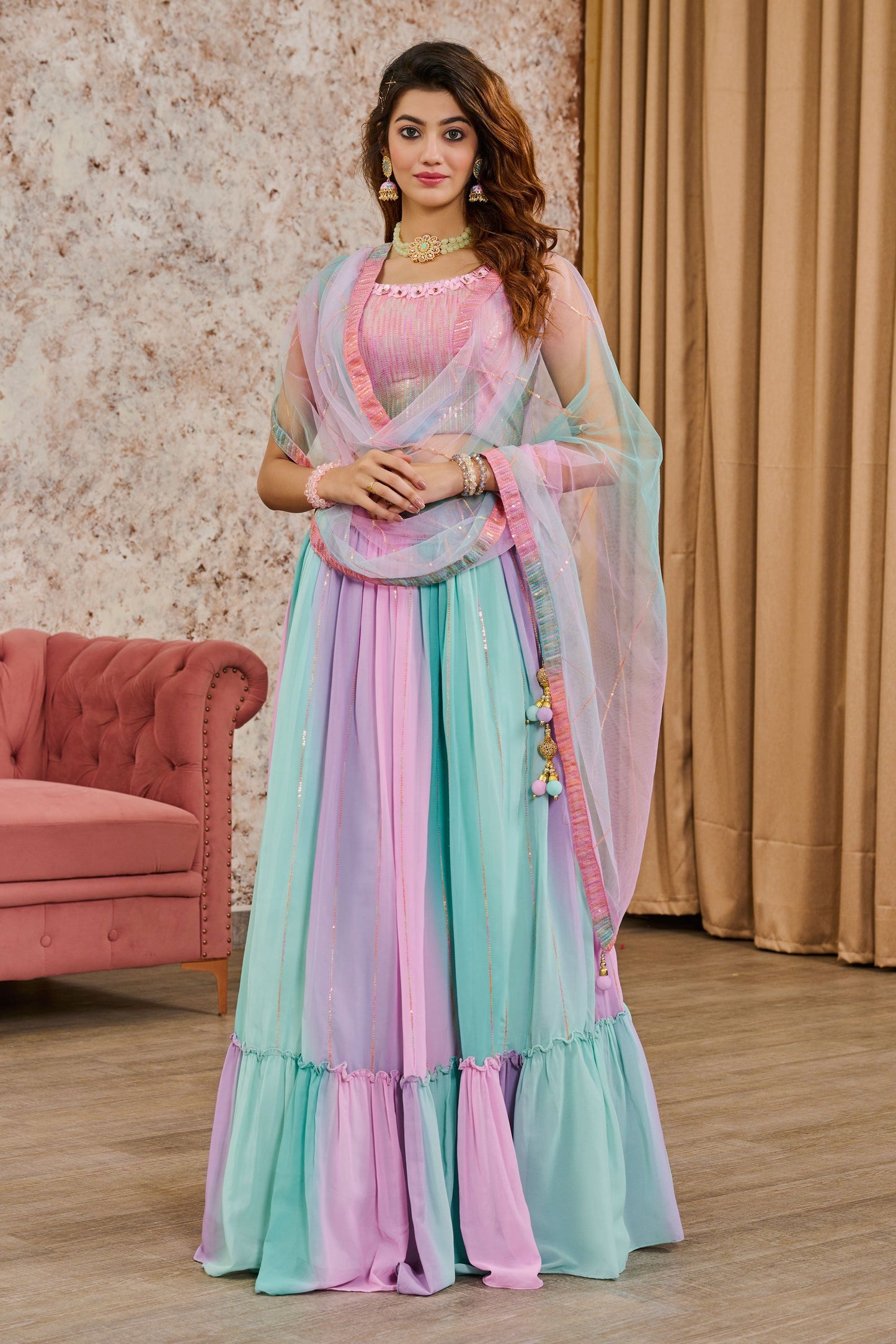 मल्टी कलर जॉर्जेट फैब्रिक रेडीमेड लहंगा पर आकर्षक सेक्विन वर्क