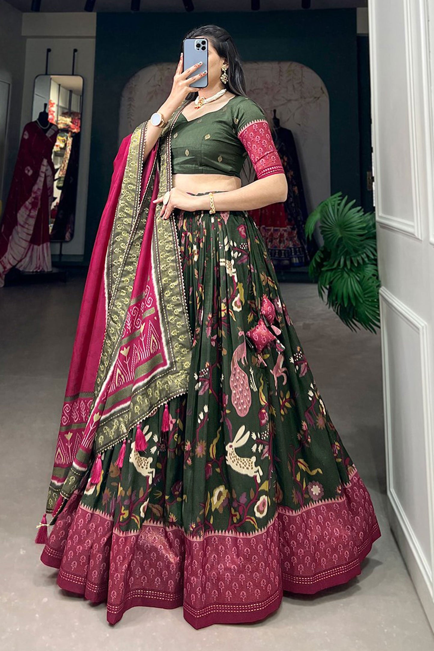 Art Silk Fabric Green Color Elegant Function Wear Printed Lehenga