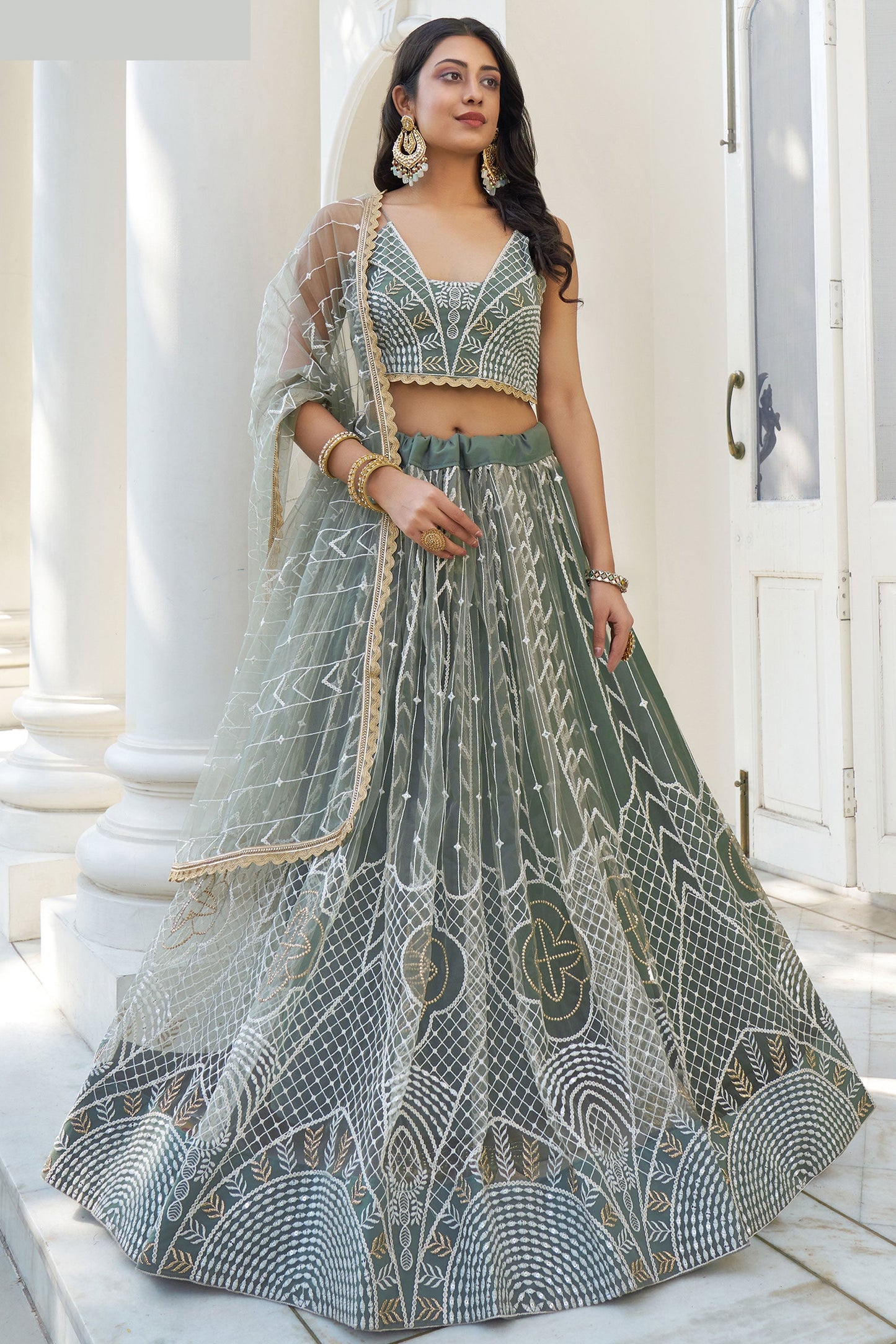 Sequins Work On Net Fabric Sea Green Color Gorgeous Lehenga