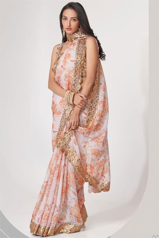 Dazzling White Color Digital Printed Organza Saree