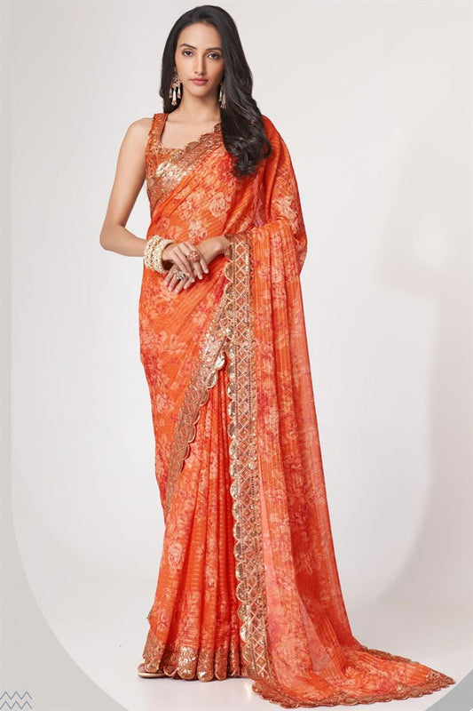 Orange Color Winsome Digital Printed Organza Saree