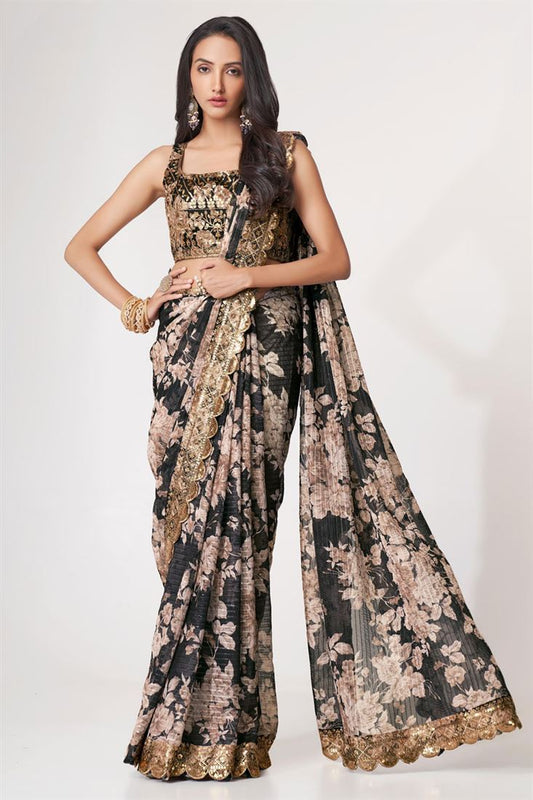 Creative Digital Printed Organza Saree In Black Color