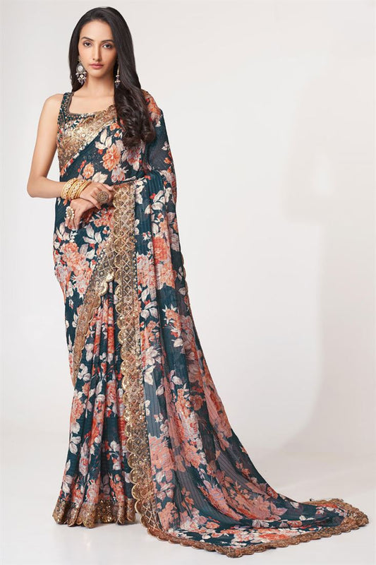 Marvellous Digital Printed Organza Saree In Teal Color