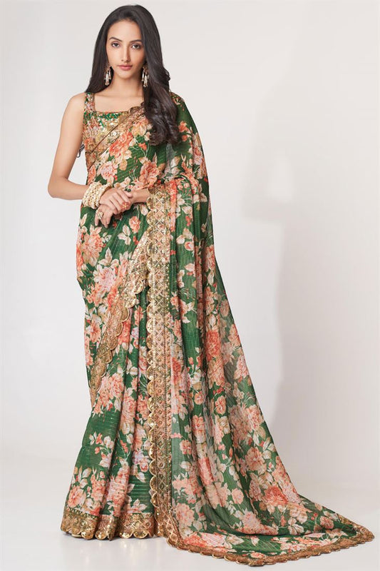 Radiant Green Color Digital Printed Organza Saree