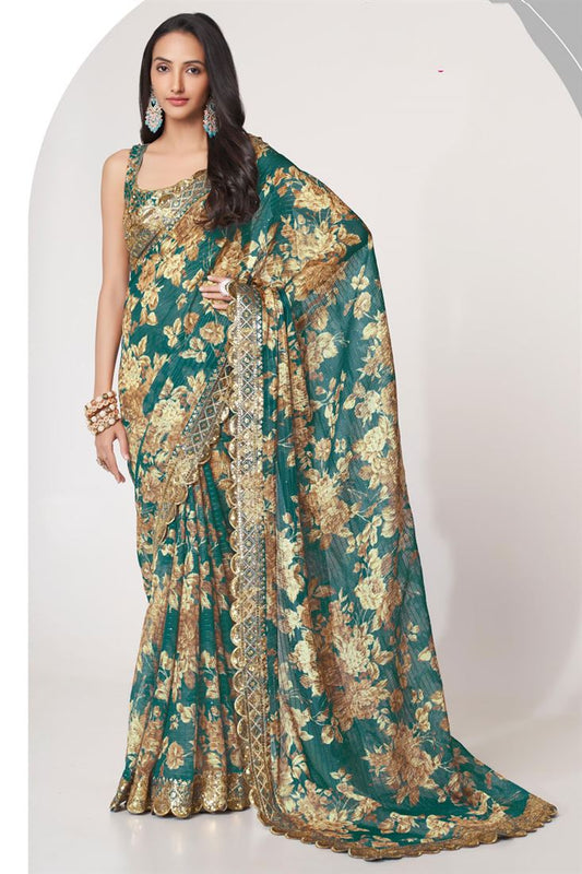 Excellent Dark Cyan Color Digital Printed Organza Saree
