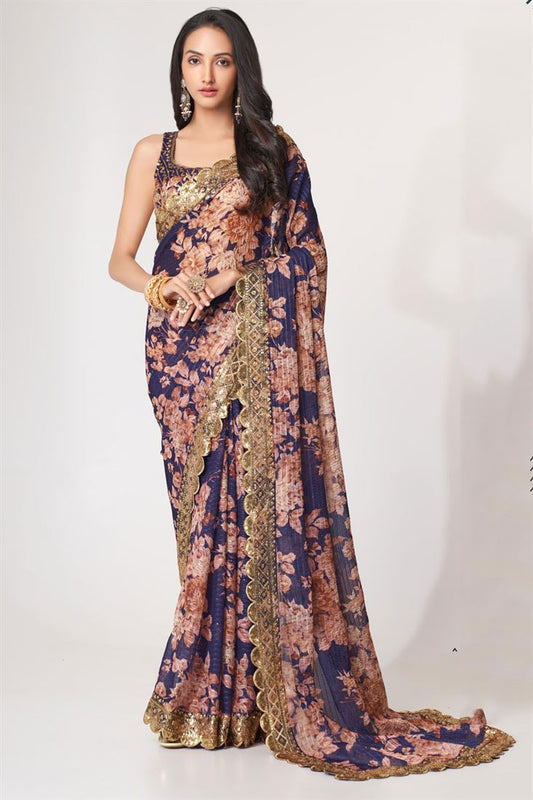 Beguiling Purple Color Digital Printed Organza Saree