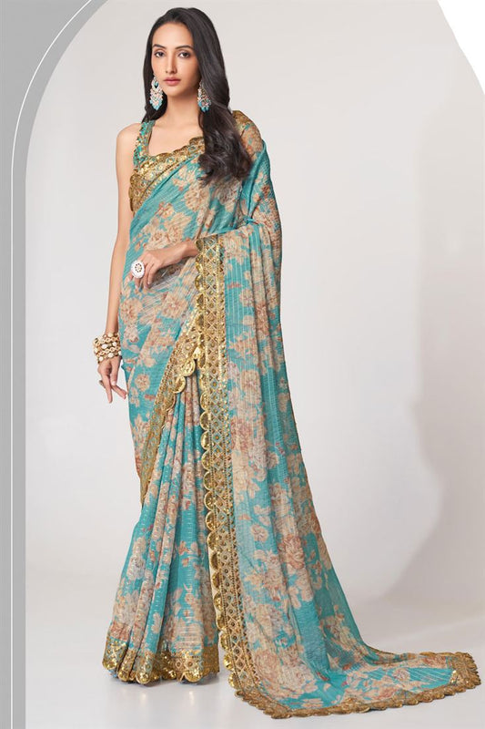 Incredible Sky Blue Color Digital Printed Organza Saree