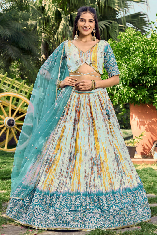 चिनॉन फ़ैब्रिक टील रंग एलिगेंट फंक्शन लुक सेक्विन डिज़ाइन लहंगा