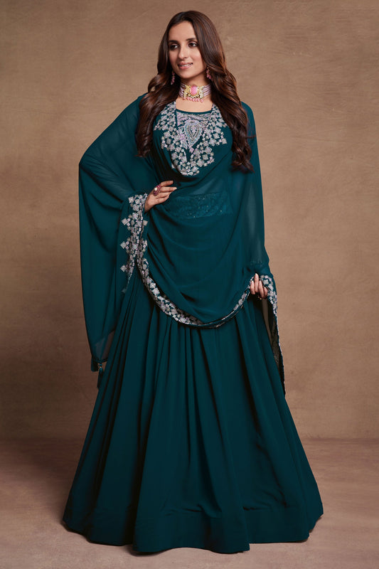 Embroidered Teal Color Georgette Fabric Sangeet Wear Lehenga Choli