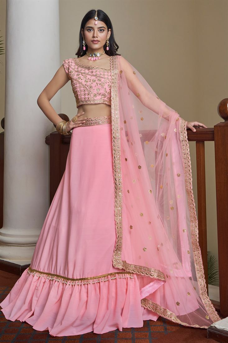 जटिल कढ़ाई कला रेशम कपड़े गुलाबी रंग लेहेंगा