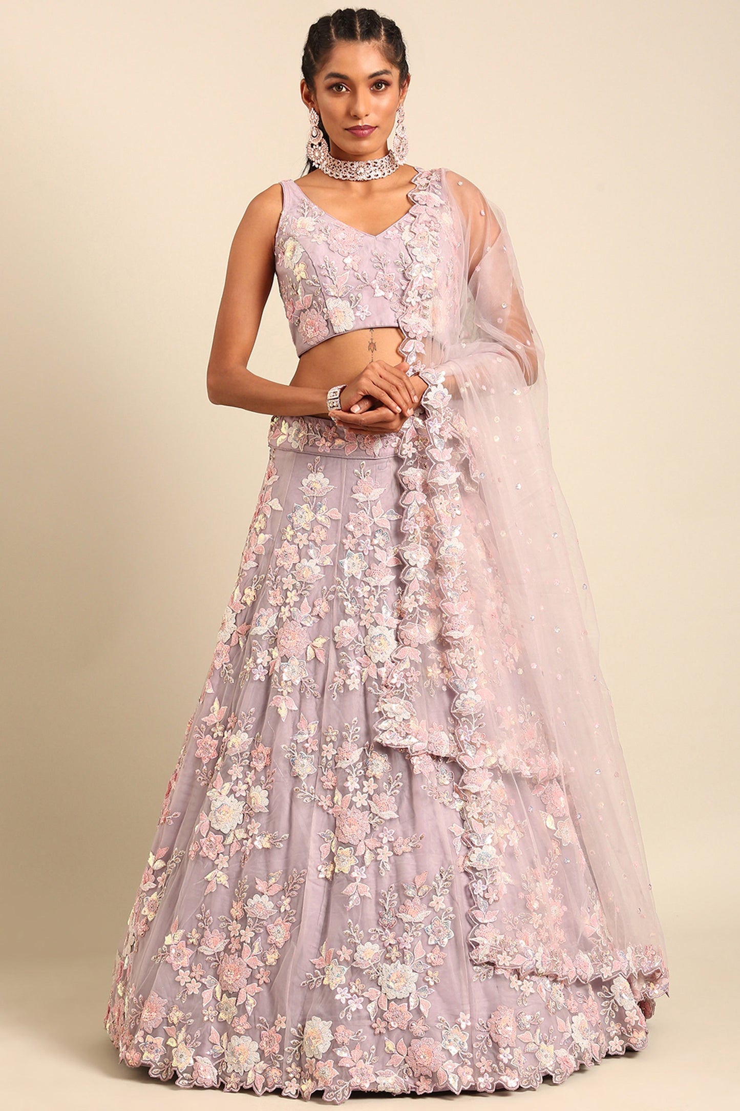 Lavender Sequins Work Net Fabric Reception Wear Lehenga With Enchanting Blouse