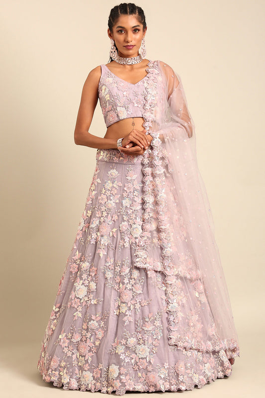 Lavender Sequins Work Net Fabric Reception Wear Lehenga With Enchanting Blouse