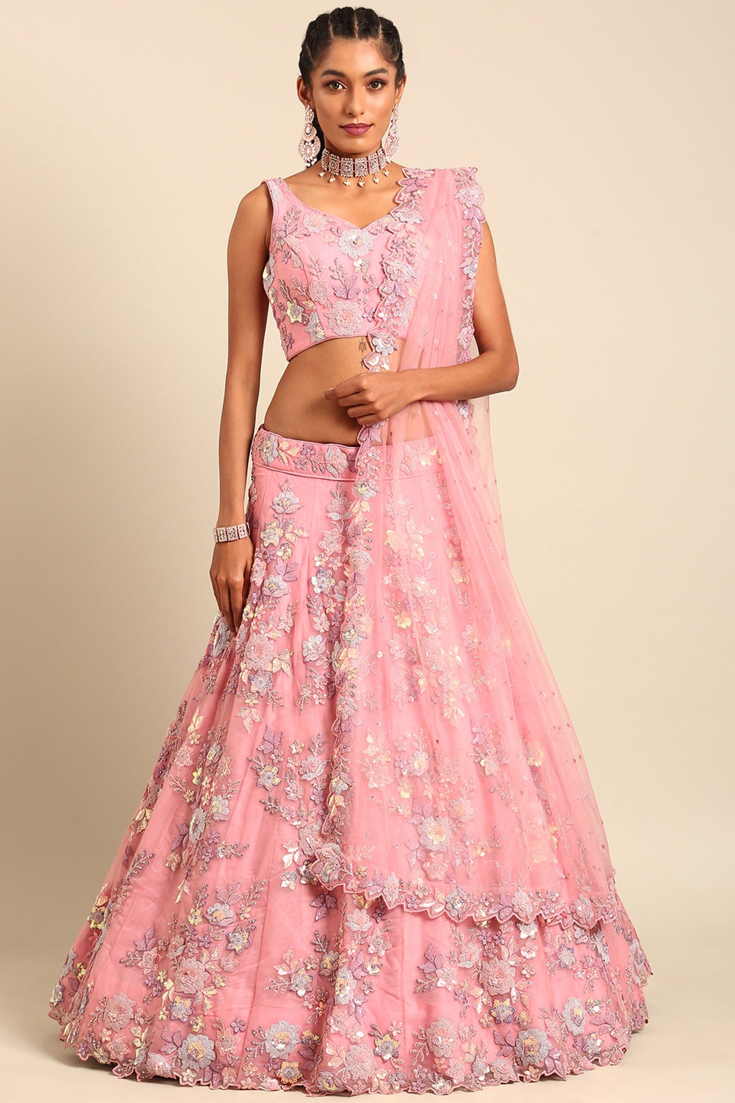 Sequins Work On Pink Net Fabric Occasion Wear Lehenga Choli