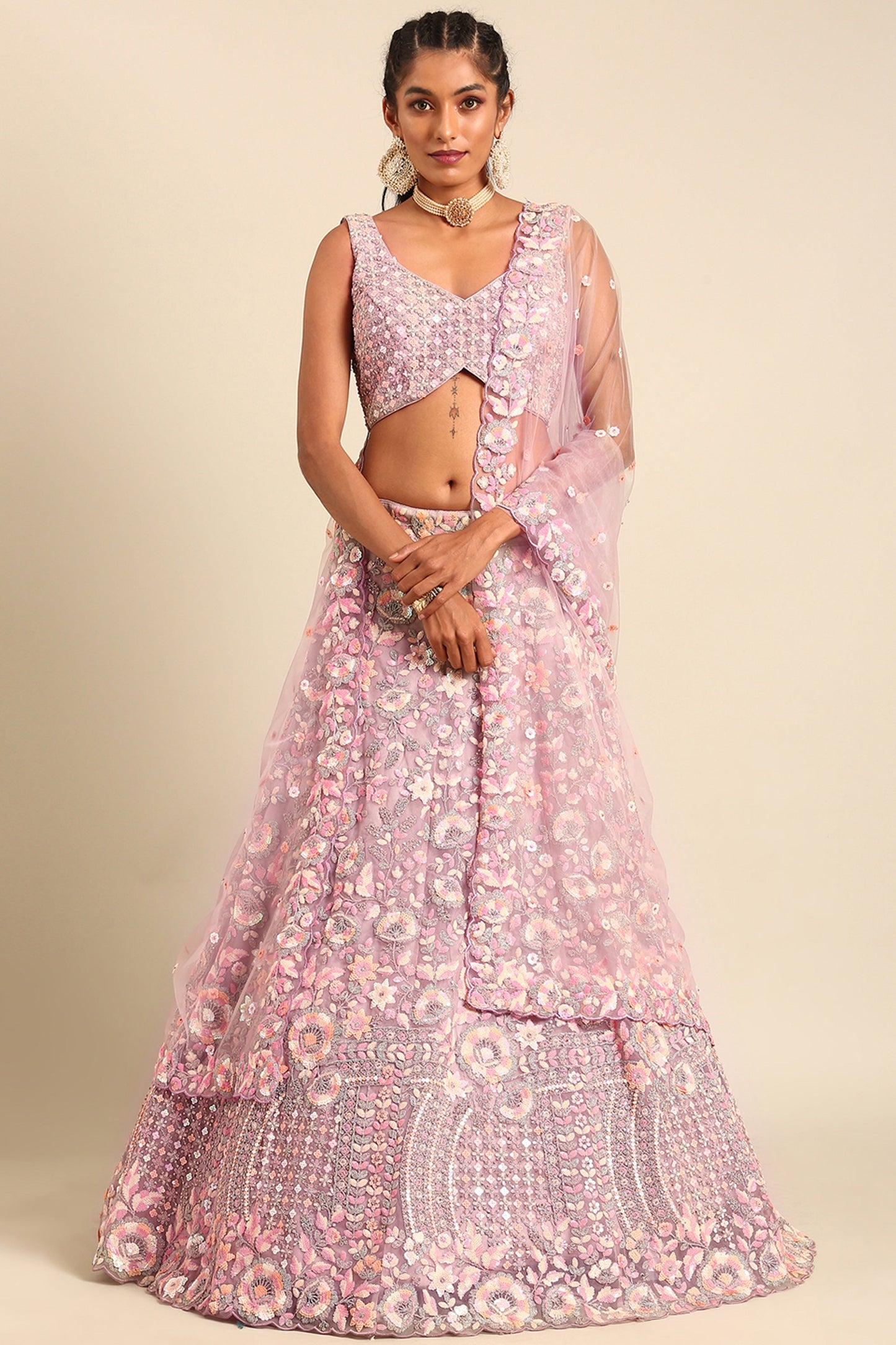 Sequins Work Designs On Net Fabric Lavender Weding Wear Lehenga Choli