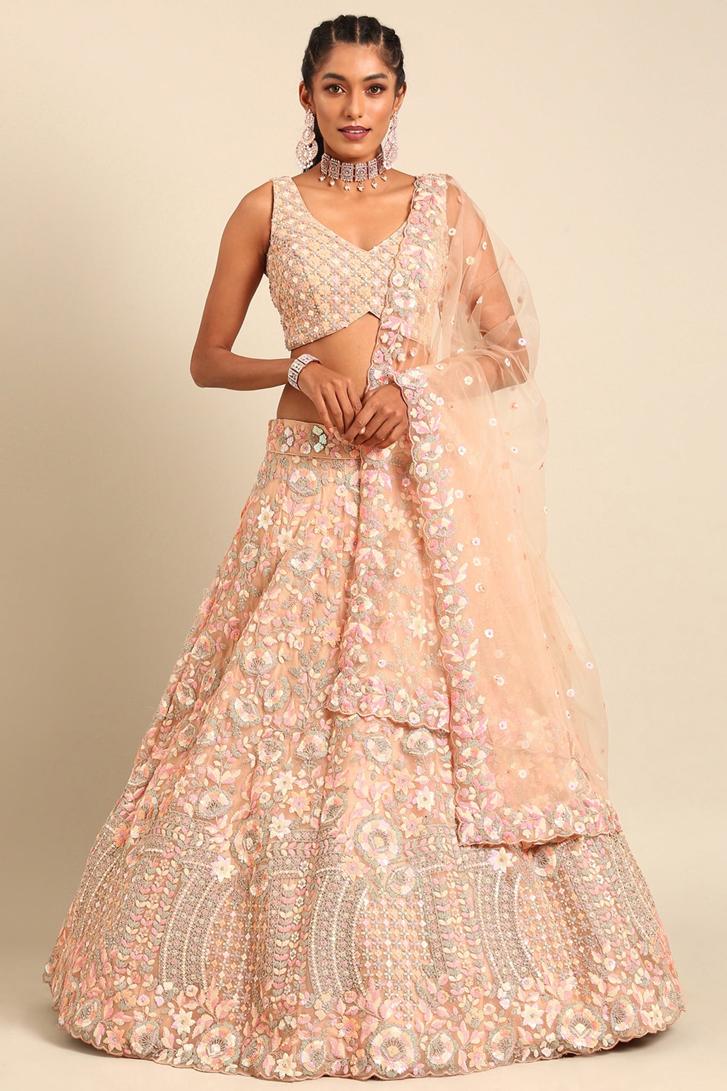 Net Fabric Peach Occasion Wear Lehenga Choli With Sequins Work