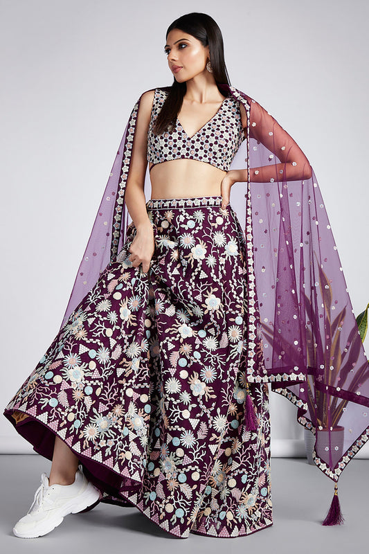 Sequins Work Designs Net Fabric Burgundy Color Lehenga Choli