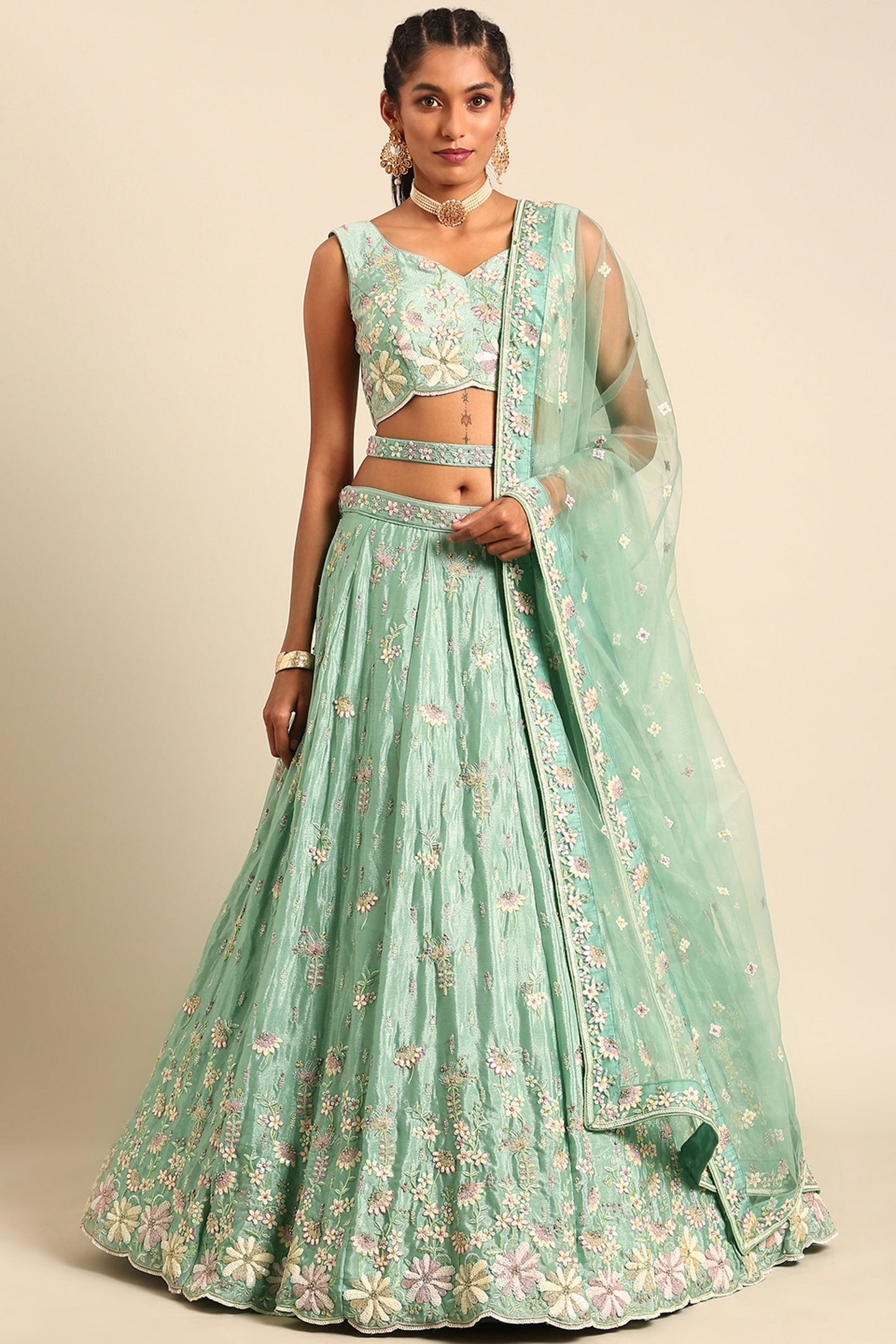 Sea Green Net Fabric Heavy Sequins Work Designer 3 Piece Lehenga Choli With Beautiful Dupatta