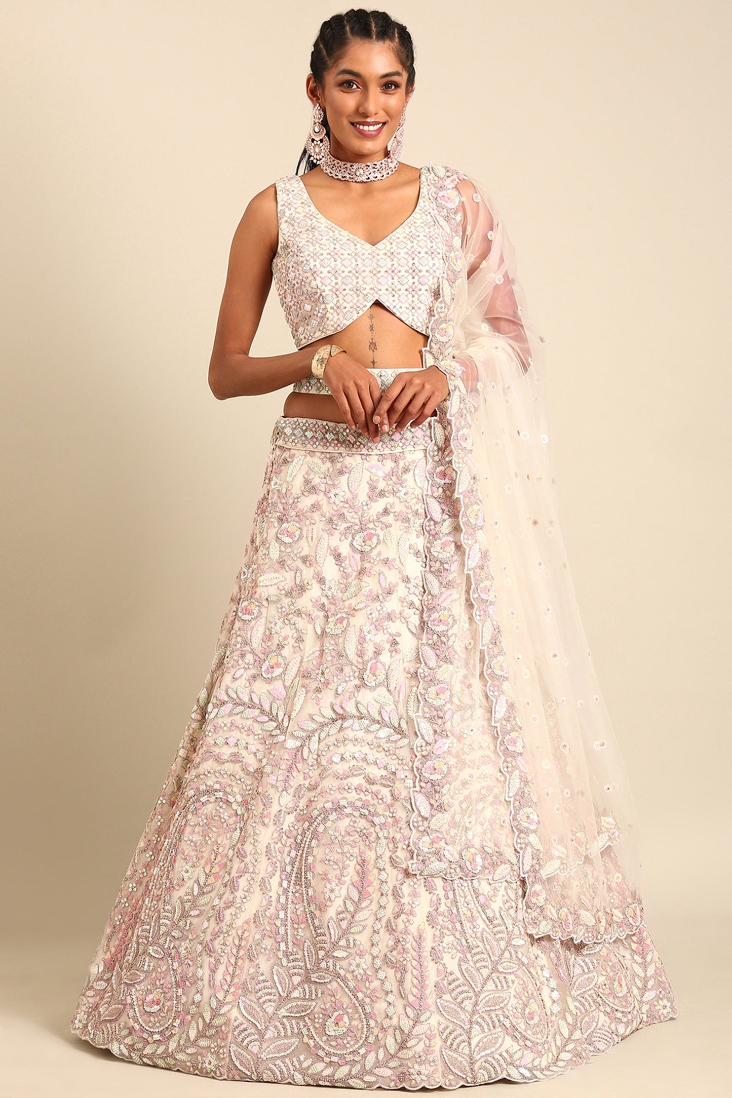 Sequins Work Cream Designer 3 Piece Lehenga Choli In Net Fabric