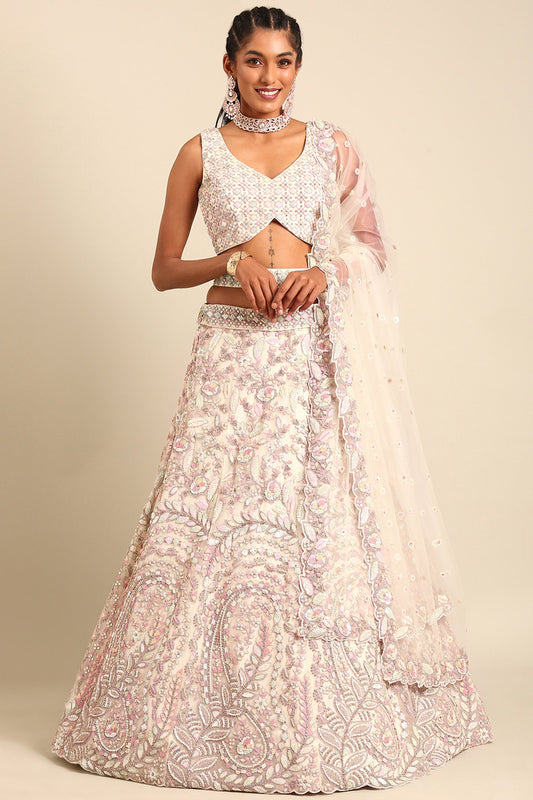Sequins Work Cream Designer 3 Piece Lehenga Choli In Net Fabric