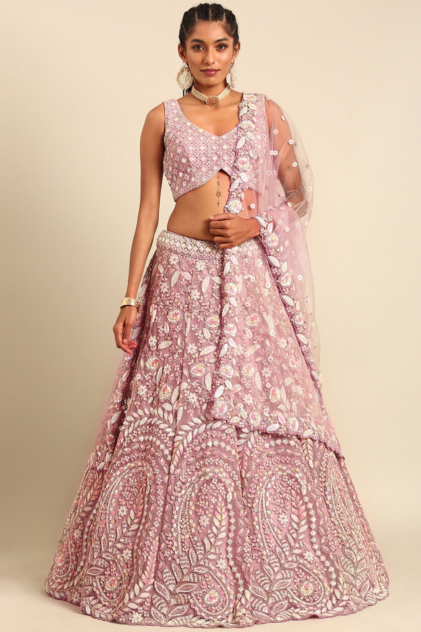 Net Fabric Function Wear Sequins Work Lehenga Choli In Lavender Color