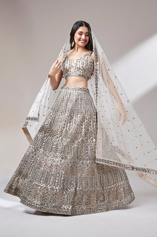 Net Beige Color Sangeet Wear 3 Piece Sequins Work Lehenga With Enigmatic Blouse