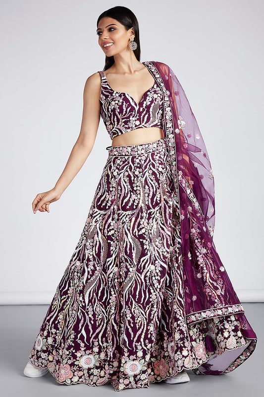 Burgundy Net Sequins Embroidery Lehenga Choli