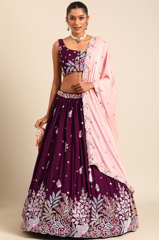 Sequins Work Burgundy Georgette Fabric Sangeet Wear Lehenga Choli