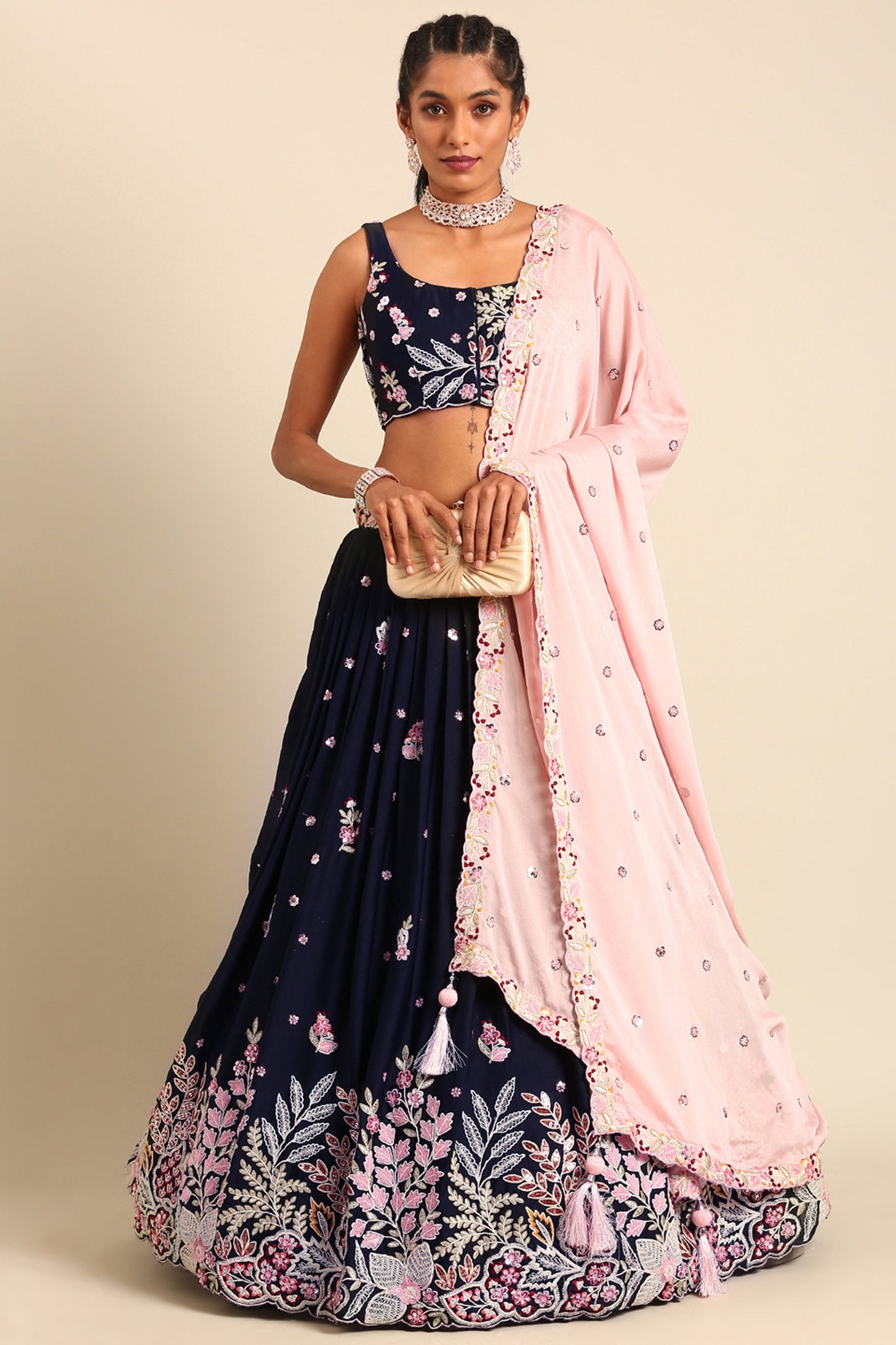 Sequins Work Navy Blue Georgette Fabric Festive Wear Lehenga Choli