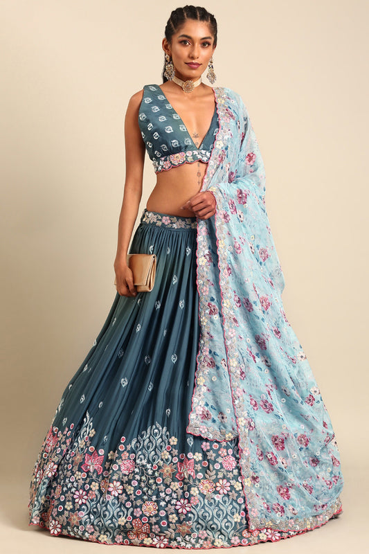 Sequins Work Designs On Georgette Fabric Blue Weding Wear Lehenga Choli
