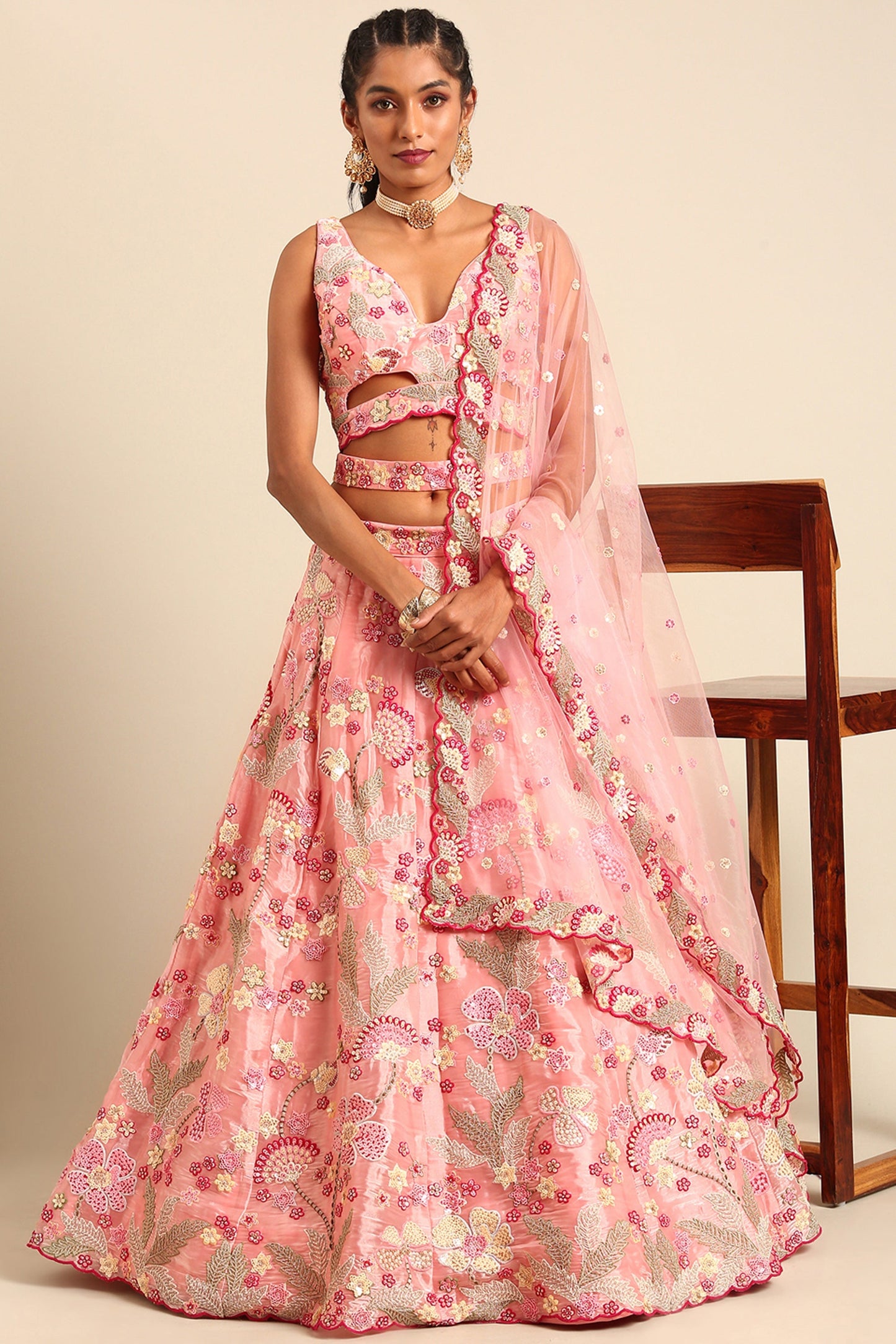 Pink Sequins Work Organza Fabric Lehenga Choli