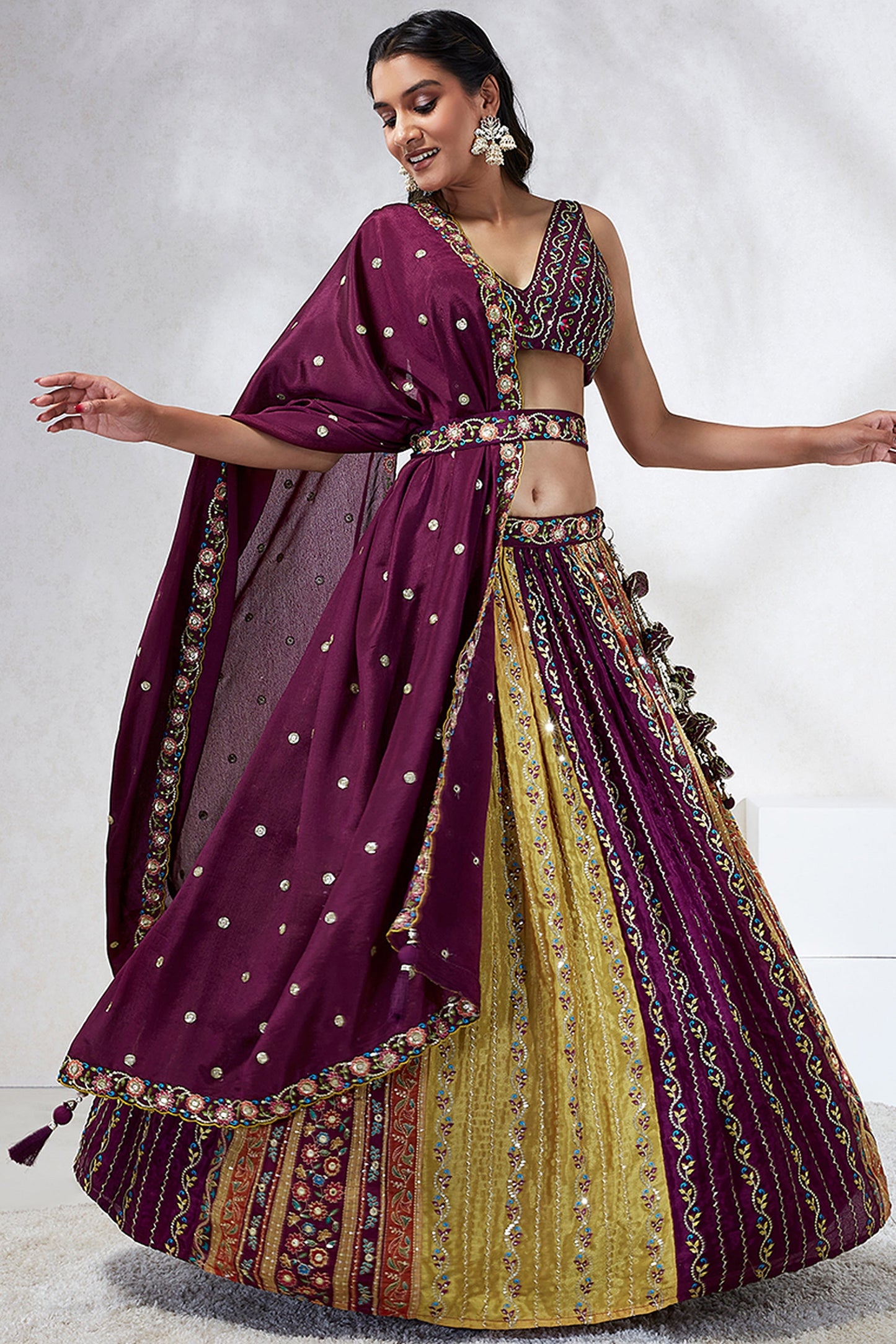 Sequins Work Designs On Chiffon Silk Fabric Burgundy Weding Wear Lehenga Choli