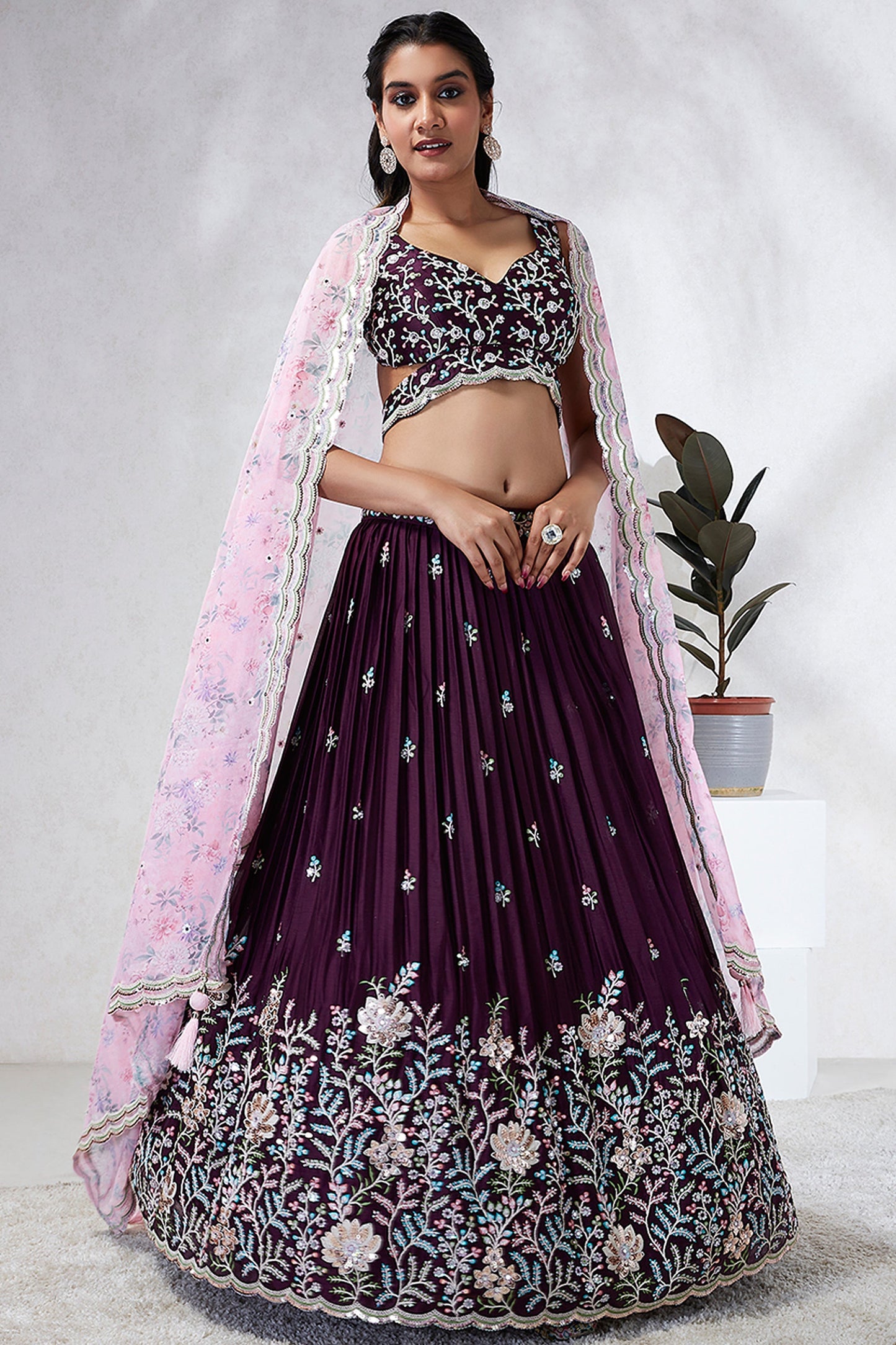 Burgundy Sequins Work Designs Wedding Wear Lehenga And Enigmatic Blouse